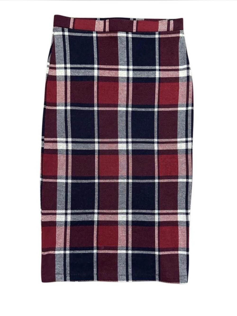 Forever 21 Plaid Pencil Skirt Burgundy Navy Pull On Stretch Size S